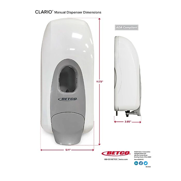 Betco Clario Universal 91819-00 Wall Mounted Hand Soap/Hand Sanitizer Dispenser, White (9181900) - Image 5