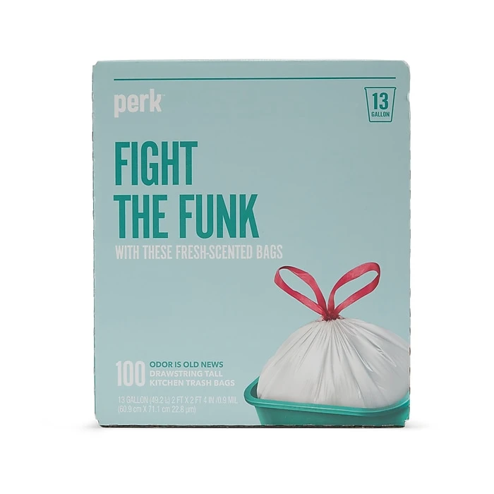 Perk 13 Gallon Kitchen Trash Bag, 9 Mil, White, 100 Bags/Box (PK56751)