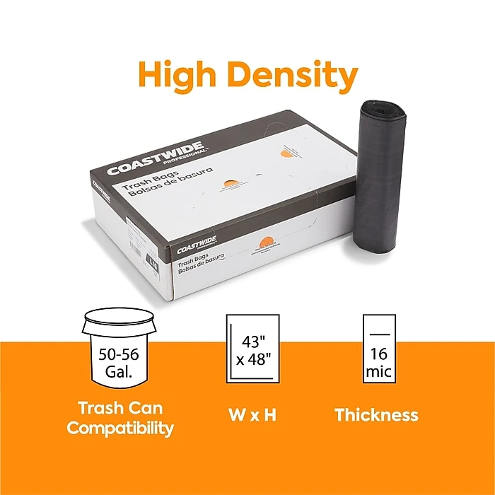 Coastwide Professional™ 50-56 Gal. Trash Bags, High Density, 16 Mic., Black, 25 Bags/Roll, 8 Rolls (CW57392) - Image 2