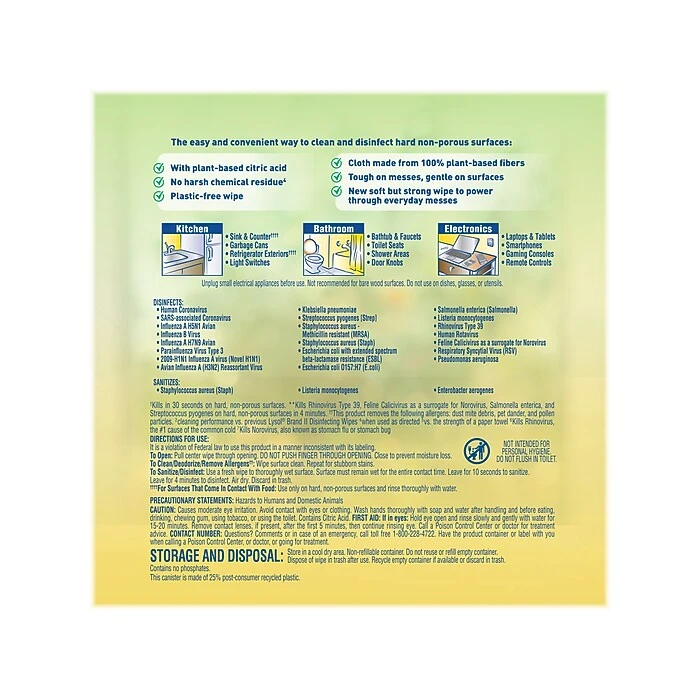 Lysol Disinfecting Wipes, Fresh Citrus Scent, 70 Wipes/Pack (1920049128) - Image 2