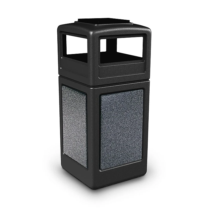 Commercial Zone Products® 42gal Square StoneTec® Trash Can With Ashtray Dome Lid, Black/Pepperstone Panels (72051399)