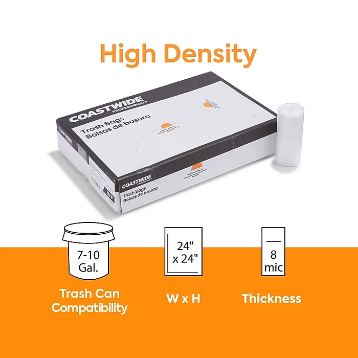 Coastwide Professional™ 7-10 Gal. Trash Bags, High Density, 8 Mic, Natural, 50 Bags/Roll, 20 Rolls (CW25412) - Image 2