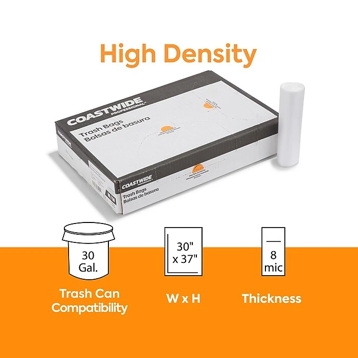 Coastwide Professional™ 30 Gal. Trash Bags, High Density, 8 Mic., Natural, 25 Bags/Roll, 20 Rolls (CW57407-CC) - Image 2