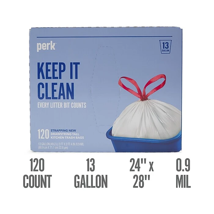 Perk™ 13 Gallon Kitchen Trash Bag, 0.9 Mil, White, 120 Bags/Box (PK56750) - Image 2