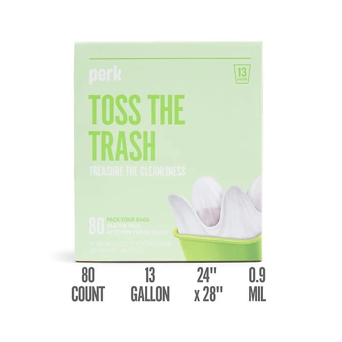 Perk™ 13 Gallon Kitchen Trash Bag, 0.9 Mil, White, 80 Bags/Carton (PK56749)