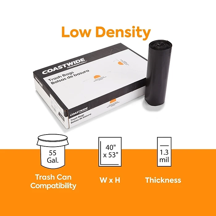 Coastwide Professional™ AccuFit 55 Gal. Trash Bags, Low Density, 1.3 Mil, Black, 20 Bags/Roll, 5 Rolls (CW22753) - Image 2