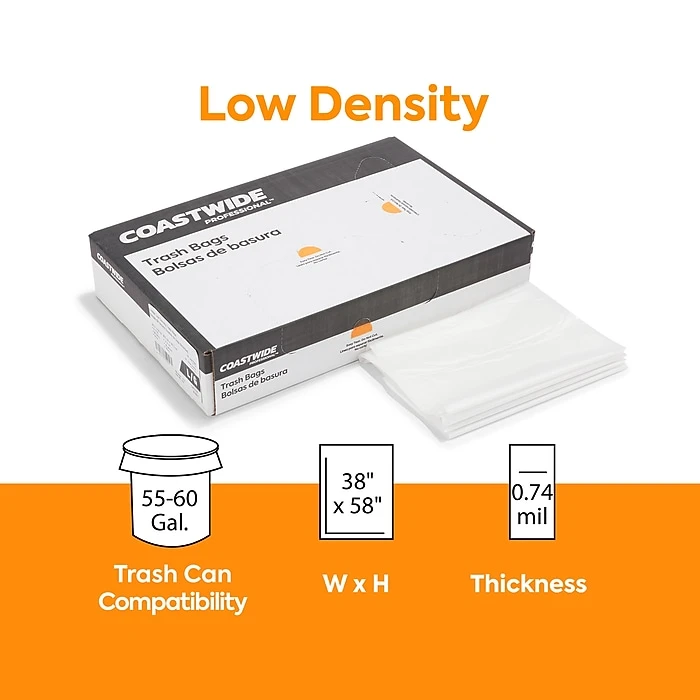 Coastwide Professional™ 55-60 Gal. Trash Bags, Low Density, 0.74 Mil, White, 100/Carton (CW18187-CC) - Image 2