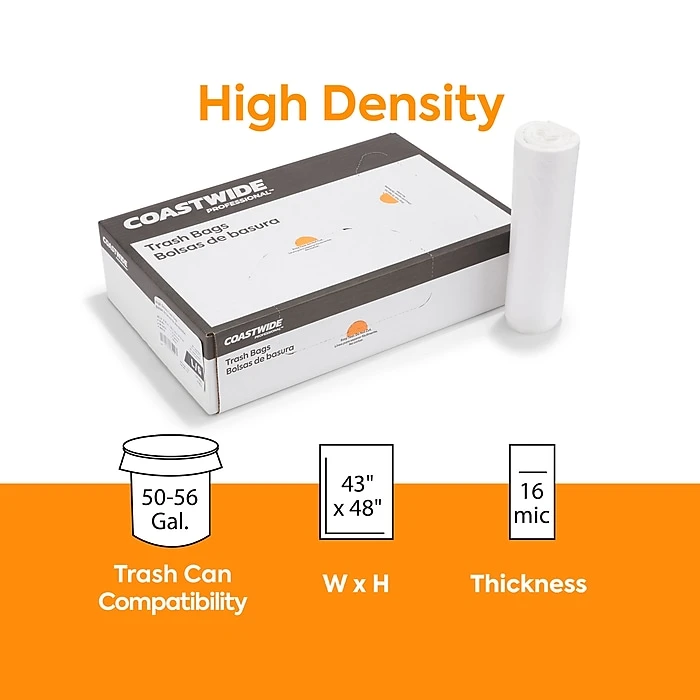 Coastwide Professional™ 50-56 Gal. Trash Bags, High Density, 16 Mic., Natural, 25 Bags/Roll, 8 Rolls (CW18205) - Image 2