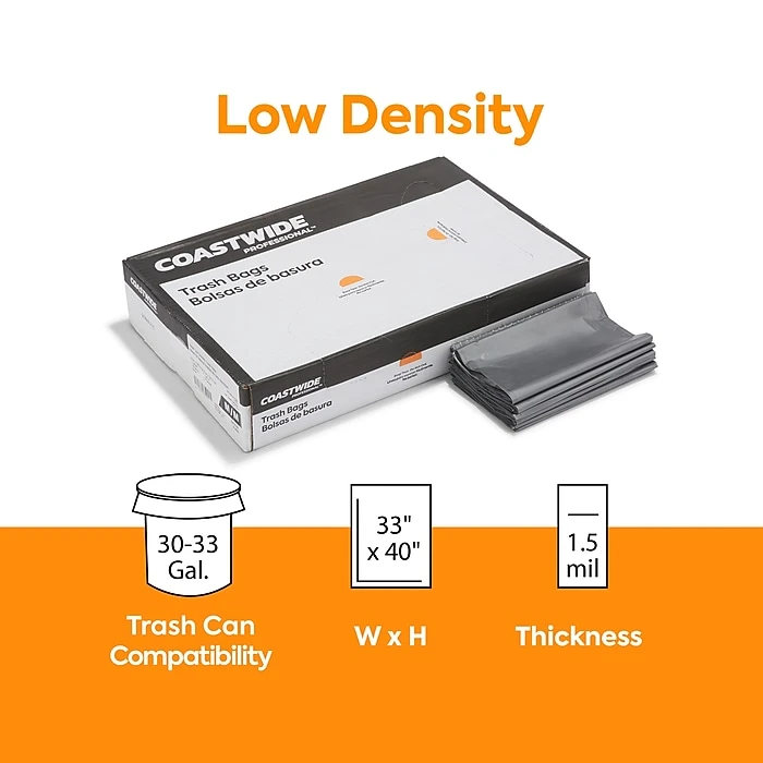 Coastwide Professional™ 30-33 Gal. Trash Bags, Low Density, 1.5 Mil, Silver, 100/Carton (CW18186) - Image 2