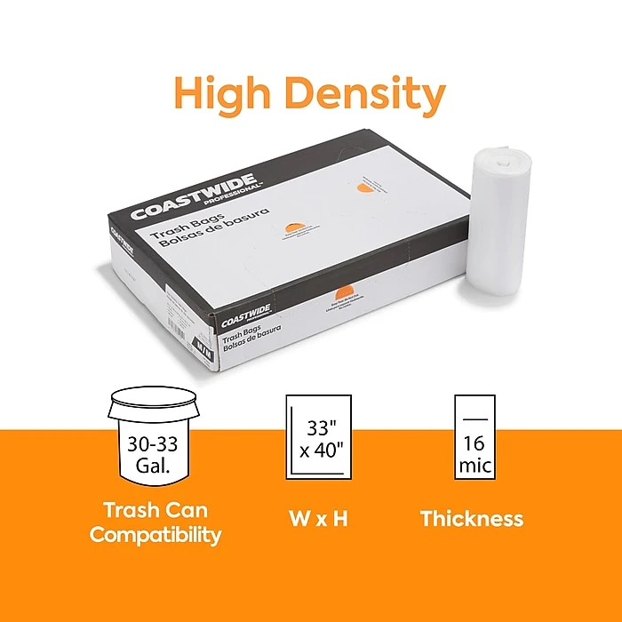 Coastwide Professional™ 30-33 Gal. Trash Bags, High Density, 16 Mic., Natural, 25 Bags/Roll, 10 Rolls (CW18200) - Image 2