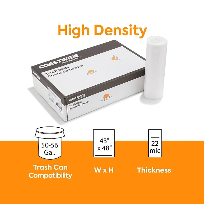 Coastwide Professional™ 50-56 Gal. Trash Bags, High Density, 22 Mic., Natural, 25 Bags/Roll, 6 Rolls (CW19244) - Image 2