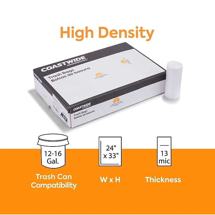 Coastwide Professional™ 12-16 Gal. Trash Bags, High Density, 13 Mic., Natural, 25 Bags/Roll, 20 Rolls (CW57406) - Image 2