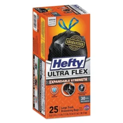 Hefty Ultra Flex 30 Gallon Trash Bags, 1.05 Mil, Black, 25 Bags/Box, 6 Boxes/Carton