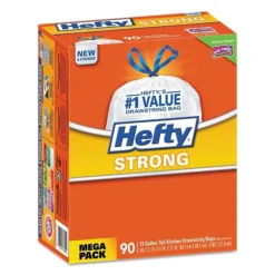 Hefty® Strong Tall Kitchen Drawstring Bags, 13 Gal, 0.9 Mil, 23.75" X 27", White, 90/Box