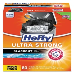 Hefty® Ultra Strong BlackOut Tall-Kitchen Drawstring Bags, 13 Gal, 0.9 Mil, 23.75" X 24.88", Black, 240/Carton