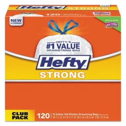 Hefty® Strong Tall Kitchen Drawstring Bags, 13 Gal, 0.9 Mil, 23.75" X 27", White, 360/Carton