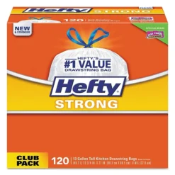 Hefty® Strong Tall Kitchen Drawstring Bags, 13 Gal, 0.9 Mil, 24" X 27.75", White, 120/Box
