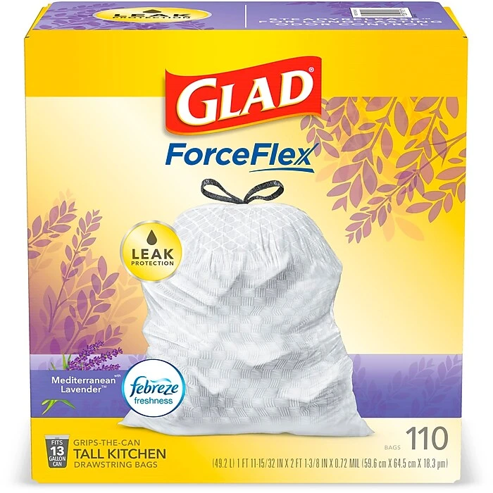 Glad ForceFlex Tall Kitchen Drawstring White Trash Bags, 13 Gallon, Mediterranean Lavender Scent, 110 Bags/Box (79157)
