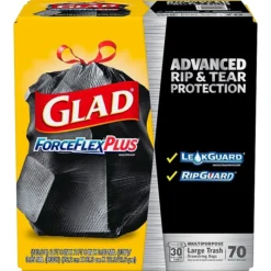 Glad Large ForceFlexPlus™ 30 Gallon Black Trash Bag, 70 Count (70358)