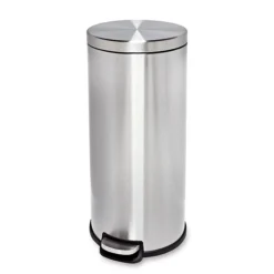 Honey-Can-Do Steel Indoor Round Step Can Trash Can With Hinged Lid, 7.92 Gallon, Silver (TRS-09074)