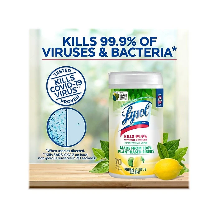 Lysol Disinfecting Wipes, Fresh Citrus Scent, 70 Wipes/Pack (1920049128) - Image 3